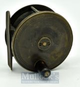 Hardy Birmingham 3.25” brass plate wind wide drum fly reel, bordered oval logo to face plate,