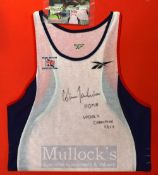 Colin Jackson Championship Worn Vest - Has worn in the 110 meters Hurdles at Seville 1999 signed and