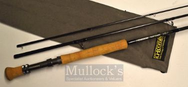 G Loomis Nautikos GLX, 9’ 3 piece graphite salmon fly rod, 7”cork handle with green reel seat with