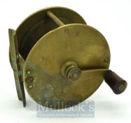 Late Vic unnamed 4” brass crank wind salmon reel - lightly curved crank winding arm fitted with a