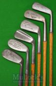 6x Assorted Irons including a wide sole Maxwell pattern mashie showing the key mark an Adams of