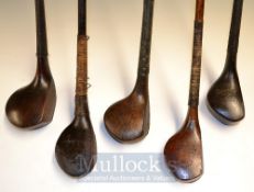 5x Various Scare Neck Woods to include an R Simpson patent No21475 flat lie brassie, a D McEwan