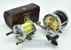 South Bend Bait Company multiplier reel, 4 screw, twin marble effect handle, c/w Ambassadeur leather