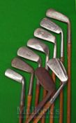 9x Assorted Irons from Long Iron to niblick including a Tom Brace hosel gap neck 1-iron, Stanmore