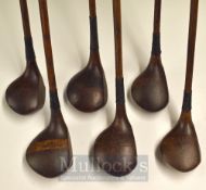 6x Assorted Socket Neck Woods to include a large head driver stamped Hugh Dewar of Troon, another