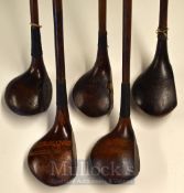 5x Various Socket Head Woods to include a Range finder brassie with central brass sole plate, a W