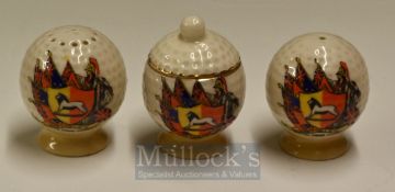 1924 Wembley Exhibition Crested Ware Dimple Golf Ball Cruet Set: By Carlton Ware all having the 1924