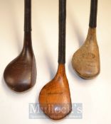 3x Late Scare Neck Woods including an Auchterlonie golden persimmon driver, a George Gadd brassie