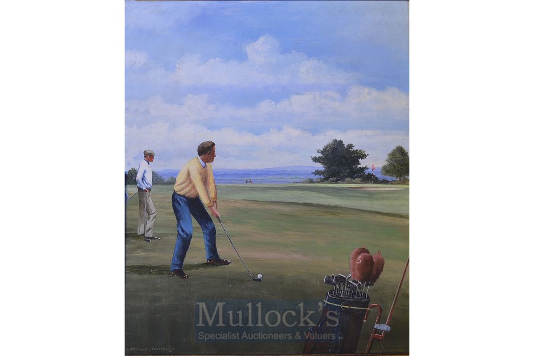 Matthews, Michael (British) ( 1933- ) GOLFERs APPROACHING GREEN (possibly Carnoustie) – oil on board