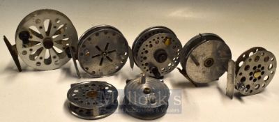 6 Various Trotting reels, Homemade examples from alloy, 2 having brass foot together with a named