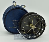 Fine Allcock Match Aerial 4.5” black centre pin reel, 6 spoke with tension regulator, twin black