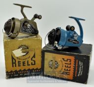 2x J.W Young & Son Ambidex spinning reels – No. Six blue finish, folding handle and Ambidex No 1
