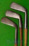 3x Smooth Face Irons including an early Carruthers patent through ball cleek with stout short hosel,