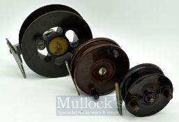 3 Bakelite Fishing Reels – 5” Twin handled, alloy smooth foot oily, ELO 3” twin handled, brass