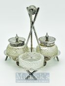 Walker & Hall Silver Plated Golf Cruet Set: Salt & Pepper cut glass with plated tops and glass