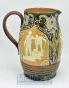 Doulton Lambeth Golf Design Pitcher: Art Nouveau stoneware jug with three golf vignettes, Stamped '
