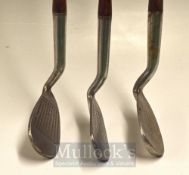 3x Smith’s Patent Anti-Shank Irons by Gibson of Kinghorn including a flanged sole No 5 and 7 iron,