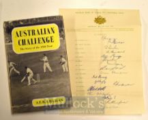 1956 Australian Cricket Tour – Hand signed team sheet by all 17 players together with Australian
