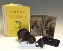 Collection of brass fly reels, Hardy and other fly tins with gut eyed flies, and book (6) – scarce