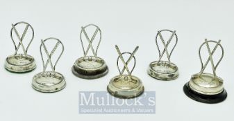 Silver Golf Menu Holders: Hallmarked Birmingham 1907 having crossed golf clubs and ball on round
