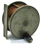 J McGowan London 3.5” bronzed wide drum brass plate wind salmon fly reel c.1870 – good straight
