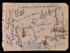 Lancashire Cricket Autographs c.1930s to include Cecil Parkin, Ernest Tyldesley, Peter Eckersley,