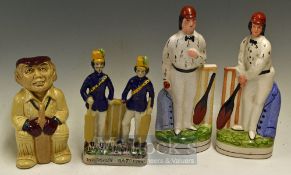Cricket China Figures Pair of reproduction flatback cricketers, H J Wood cricket Toby jug,