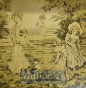 Badminton Tapestry depicting children playing with rackets and shuttlecock accompanied by a dog