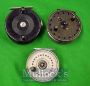 Fishing Reels: JW Young Rapidex alloy trotting reels a black bobble finish, Bakelite S&A Steelite