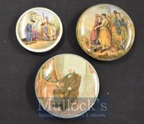 Prattware Ceramics Pot Lids: Three of pot lids having Peabody, Volunteers, Flirting scenes, pot lids