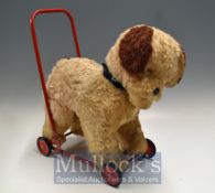 Tri-ang Toys Childs Push A Long Dog – Original fur dog mounted on metal wheeled frame
