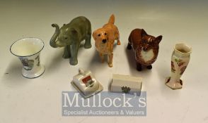 Beswick China Dogs: Corgi, Labrador. Midwinter Elephant, 2 crested ware, Wedgwood vase, Royal