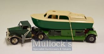 Tri-ang Minic Clockwork Boat Transporter – Green and Chrome Tractor unit with green trailer have the