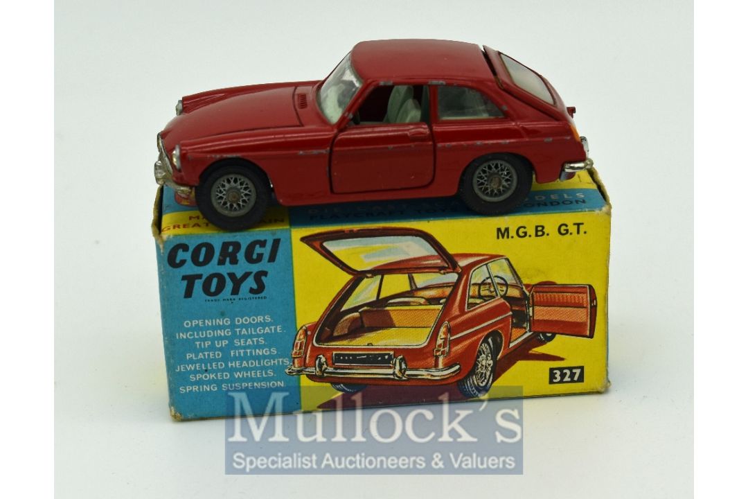 Corgi Toys 327 MGB GT - red body, pale blue interior, brown luggage case, chrome front and rear