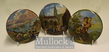Prattware Ceramics Pot Lids: Three of pot lids having Sebastopol, village square, family scenes, pot