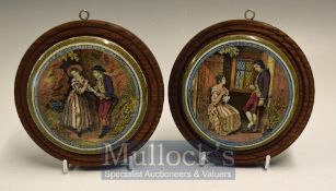 Prattware Ceramics Pot Lids: Pair of pot lids both having lovers scenes in wooden wall hanging