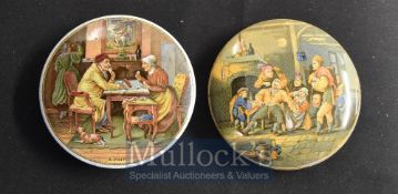 Prattware Ceramics Pot Lids: Pair of pot lids having The Dentist and the Card Players scenes, pot