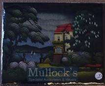 2x Lakeside Oil Paintings on Velvet depicting a lakeside house, plus another with a mountainous