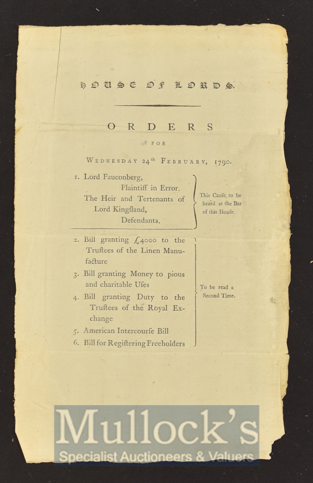 House of Lords – Orders for Wednesday 24 Feb 1790 Broadside printed one side has been folded,