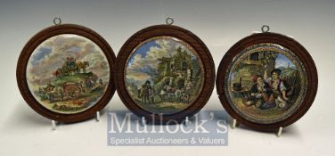 Prattware Ceramics Pot Lids: Three of pot lids all having rural scenes in wooden wall hanging