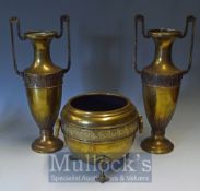 Victorian Aesthetic Brass Vases and Central Jardinière all with fine cast detail and patination,