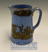 Prattware Ceramics: Scarce Blue Water Jug depicts Fox Hunting in Gold & Black transfer design