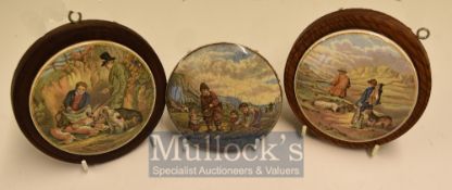 Prattware Ceramics Pot Lids: Three of pot lids having Sporting scenes The Game Bag, The Sportsman,