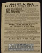 C.1830 Indian Curry Pastes for Sale Cooke & Co – 99 Hatton Garden, London, a sheet advertising the