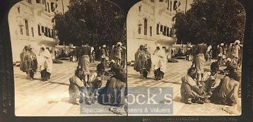 Original stereo view photo of Sikhs in the courtyard of the golden temple, Amritsar by H.C White Co.