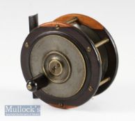 Good Scottish Perth Style Pattern wide drum salmon reel – 4.25” dia laburnum wood with brass winding