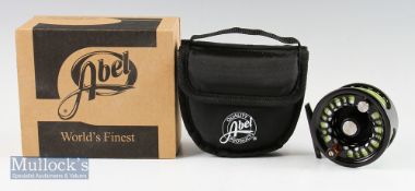 Fine Abel Super 5 Black Salmon fly reel – stamped 25682 Made in USA to the foot and engraved to