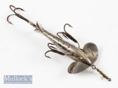 Rare Gregory Silver 2” Treble Hooked Minnow – White metal construction with triple hooks on tail and