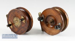 2x Wooden Nottingham Brass star back reels – Eton Sun 4” wide drum with rear brass plate, brass