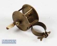 Scarce small brass collar winch fly reel - 1.75” dia, with tiny curved crank arm fitted with bone